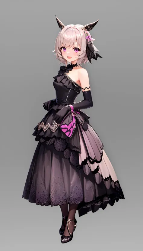 1girl,solo,curren chan,(black wedding dress:1.4),full body,tachi-e,standing,smile,:D, ,pink background,  simple background,  <lora:curren_chan:1>