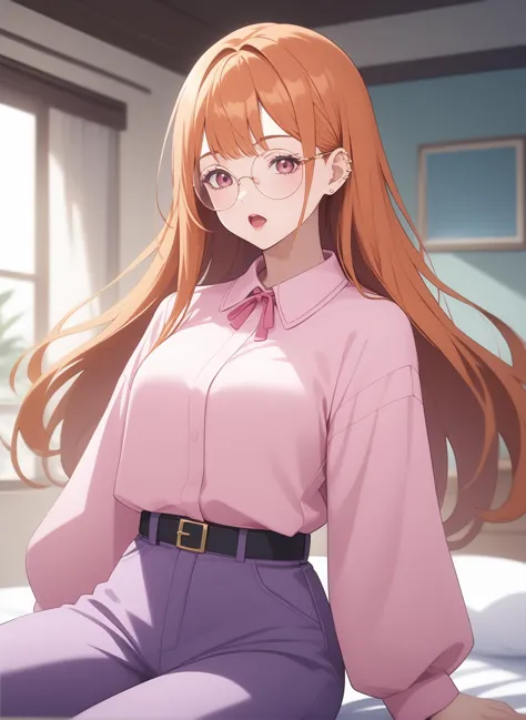 score_9, score_8_up, score_7_up, intricate details, source_anime, intricate details, highly detailed background, perfect lightingbest quality, irachoi, solo, indoors, bedroom, orange hair, hair ribbon, pink ribbon, bangs pinned back, long hair, makeup, round eyewear, glasses, pink eyes, ear piercing, breasts, pink jacket, long sleeves, sleeves past wrists, black belt, purple pants, open mouth, :o, pink lips, <lora:Ira-Choi:0.7>