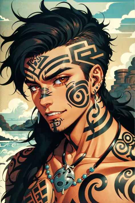 AotearoaMatariki, solo, 1boy, brown eyes, jewelry, male focus, earrings, teeth, necklace, facial tattoo, tattoo, moko, chin tatt...