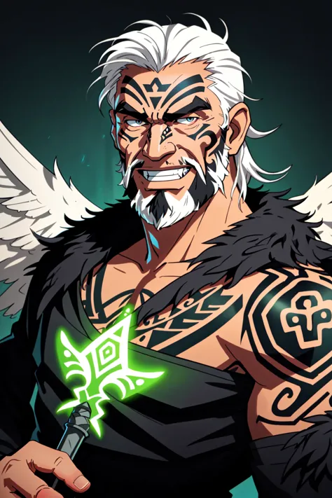 AotearoaMatariki, solo, 1boy, holding, upper body, weapon, white hair, male focus, facial hair, beard, facial tattoo, hair feather, moko, maori, pasifika, tatoo, realistic, old, old man, demon wings, glowing, magic, evil grin, <lora:MatarikiAotearoa:0.6>