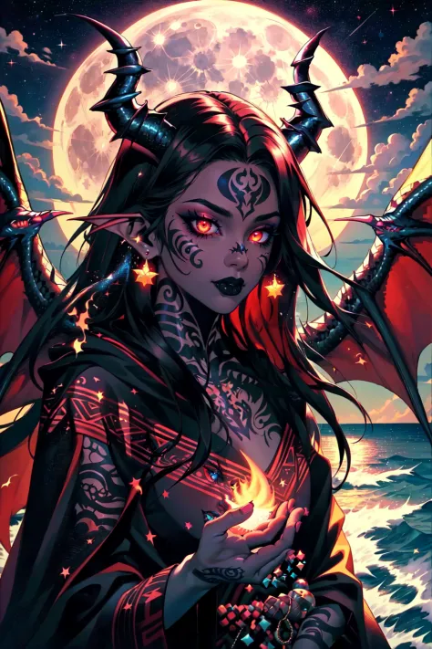 AotearoaMatariki, 1girl, solo, long hair, tattoo, facial tattoo, black lipstick, dragon wings, dragon tail, horns, chin tattoo, tribal tattoo, Maori, polynesian, tan skin, tan skinned female, black hair, covered, shirt, glowing eyes, fission, brown eyes, jewelry, upper body, makeup, lipstick, cloak, feathered cloak, covered, tribal dress, demon wings, outdoors, by the ocean, dusk, moon, night sky, stars, glowing, magic,  4 point perspective, vantage point, embers,  <lora:MatarikiAotearoa:0.6>