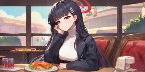 anime girl sitting at a table with a plate of food