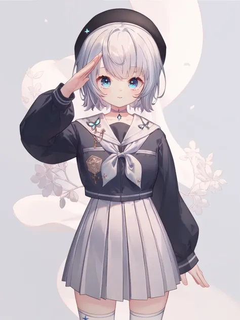 (score_9,score_8_up,score_7_up,),<lora:lulu-000008:0.9>,lulu,1girl,solo,blue eyes,virtual youtuber,short hair,looking at viewer,choker,white background,hat,socks,bangs,closed mouth,standing,white skirt,pleated skirt,white sailor collar,neckerchief,cowboy_shot,upper body,<lora:caoXLP6lokrV4236:0.6>,wind,<lora:ag31_style_ba_v1:0.5>,salute,in autumn,harbor,