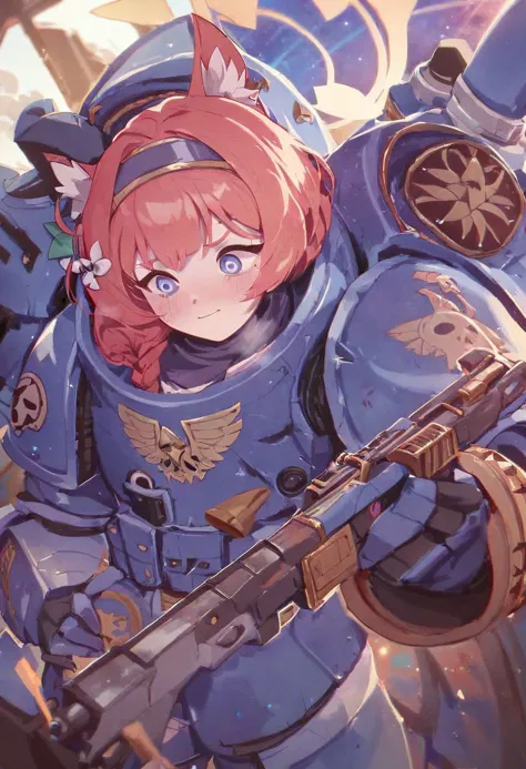 score_9, score_8_up, score_7_up, Iochi Mari blue archive, (wearing blue space marine armor from warhammer), holding a heavy bolter from warhammer, bloodsplats, standing on top of piles of corpses, in a warzone, cute,