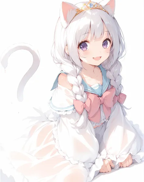 anime girl with white hair and pink dress sitting on floor