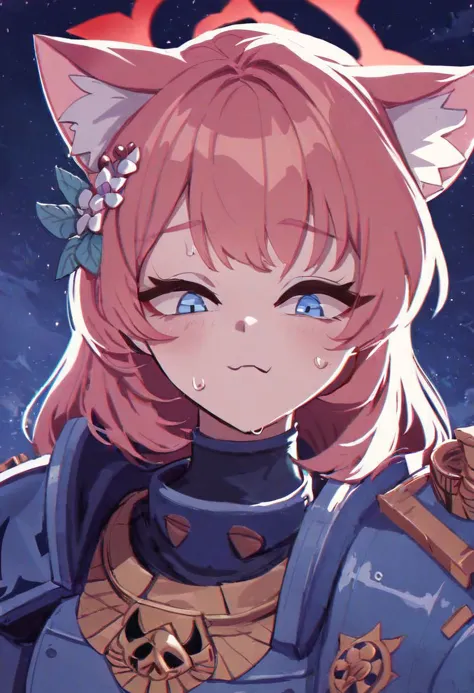 score_9, score_8_up, score_7_up, Iochi Mari blue archive, (wearing blue space marine armor from warhammer),  bloodsplats on armor, in a warzone, cute, cat ears, sweating face,