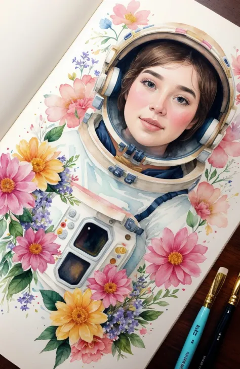 "Floral Astronaut" hand-drawn watercolor, muted tones, flowers everywhere