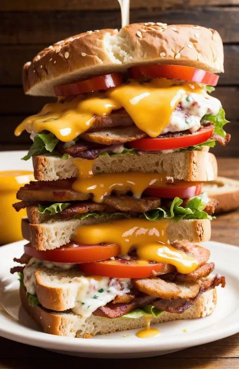 photo of a scrumptious BLT sandwich with extra bacon, (rustic diner background)+, seed bread, pepper jack cheese, (intricate details:1.12), hdr, (intricate details, hyperdetailed:1.15)