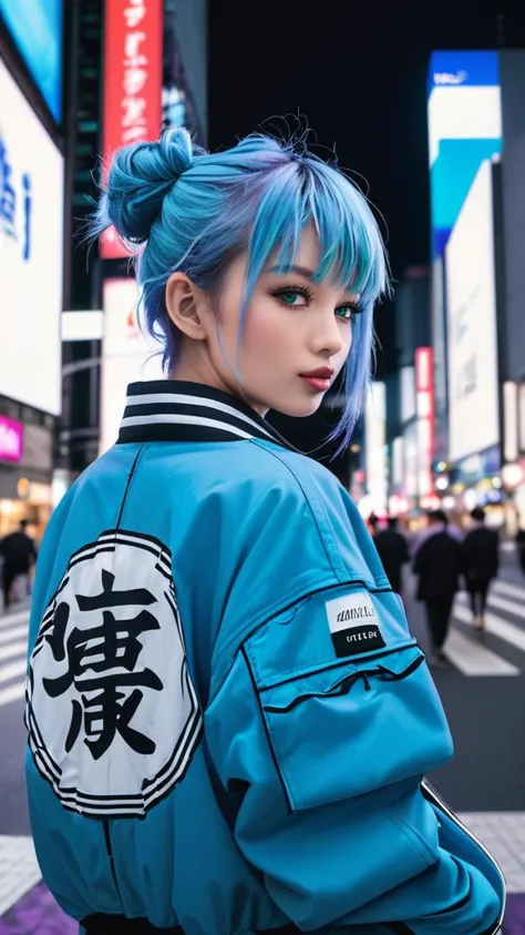 a woman with blue hair and a blue jacket on a city street