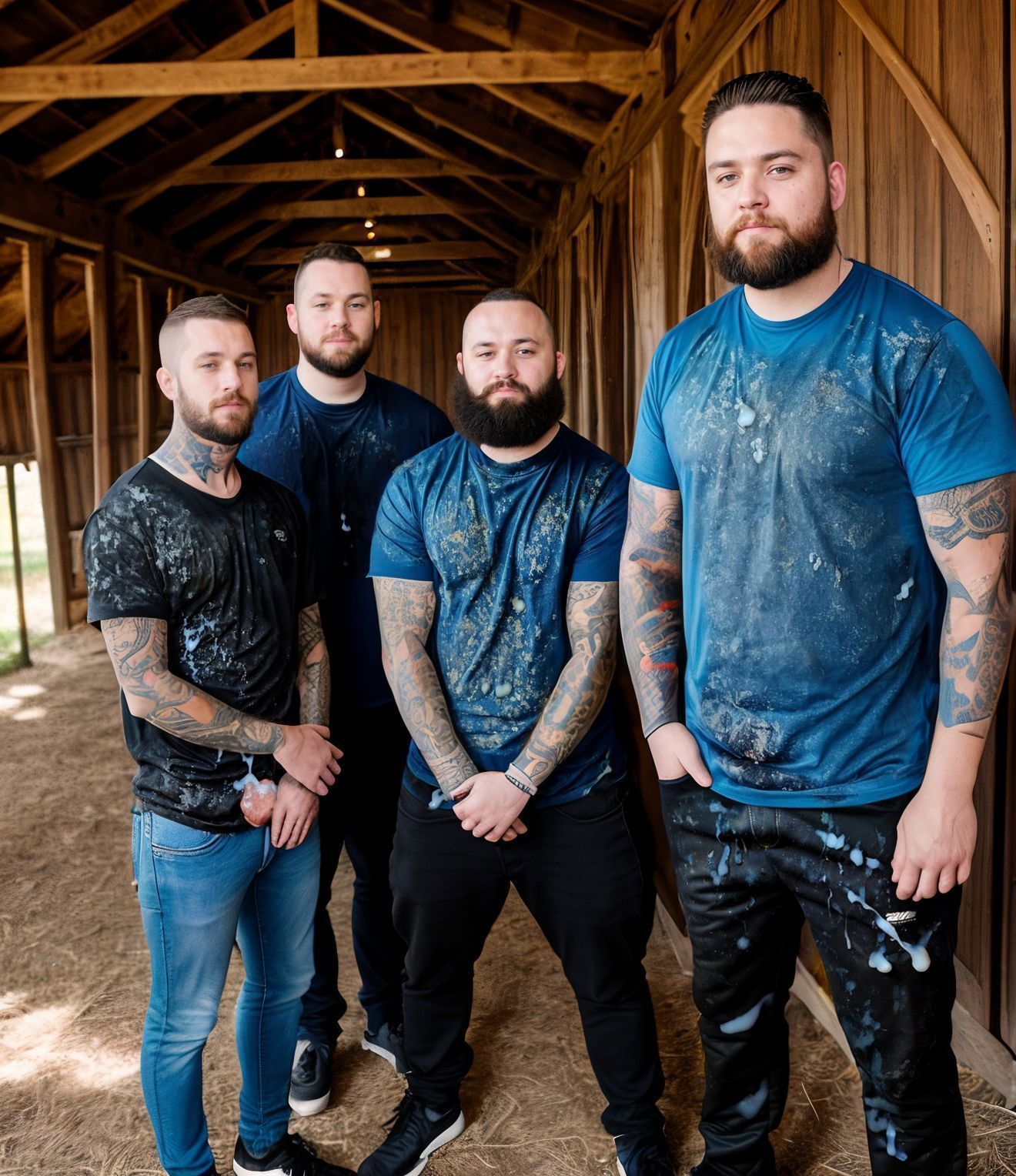 Arafed - up band members pose for a photo in a barn - SeaArt AI