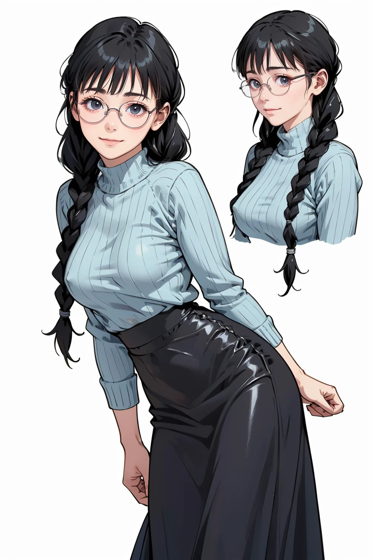 8k high quality detailed,highres,comic,anime,detailed image,
(an illustration of a teenage girl posing,magazine_sheet, (an illustration of girl,teenage girl)),(magazine_illustration),(multiple view manuscript),
(, megumi,black hair, glasses, twin braids,black_eyes,medium_breasts),(Melancholy Smile),((Walking with an umbrella in the rain, looking determined and resilient,):0.5),detailed_face,realistic_skin_texture,(outfit-gls,sweater,high-waist skirt,long skirt,[[from behind]]),
realistic clothing texture,