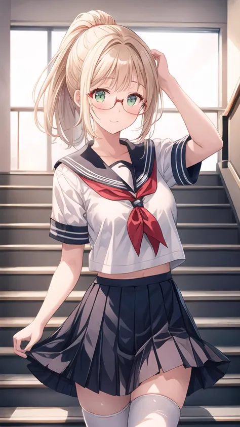 masterpiece:1.2,best quality:1.2,highly detailed:1.2,blonde hair,long hair,green eyes,medium breasts,(hiten1:0.8),<lora:å¢å ç´°ç¯:0.8>,((stairs:1.1)),school stairs,<lora:school_stairs_v0.5:1>,standing,serafuku,pleated skirt,short sleeves,white shirt,ponytail,glasses,pov,((white thighhighs:1.1)),cowboy shot,