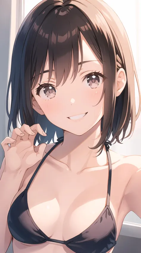 best quality, masterpiece, (hiten1:0.7), 1girl, selfie, (close-up), face focus, reflection, detailed eyes, head tilt, (claw pose), naughty smile, collarbone, bikini top only, medium breasts, cleavage