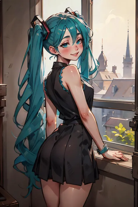 Hatsune Miku, cabelo azul twintail, olhos azuis, camisa, sem mangas, Saia preta, olhando de volta para o visualizador, sorridente, corar, de pé, encostado na parede, dentro do quarto aconchegante, iluminação suave, alta qualidade, obra de arte,