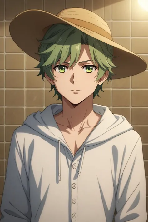 a man with green hair wearing a hat and a white shirt