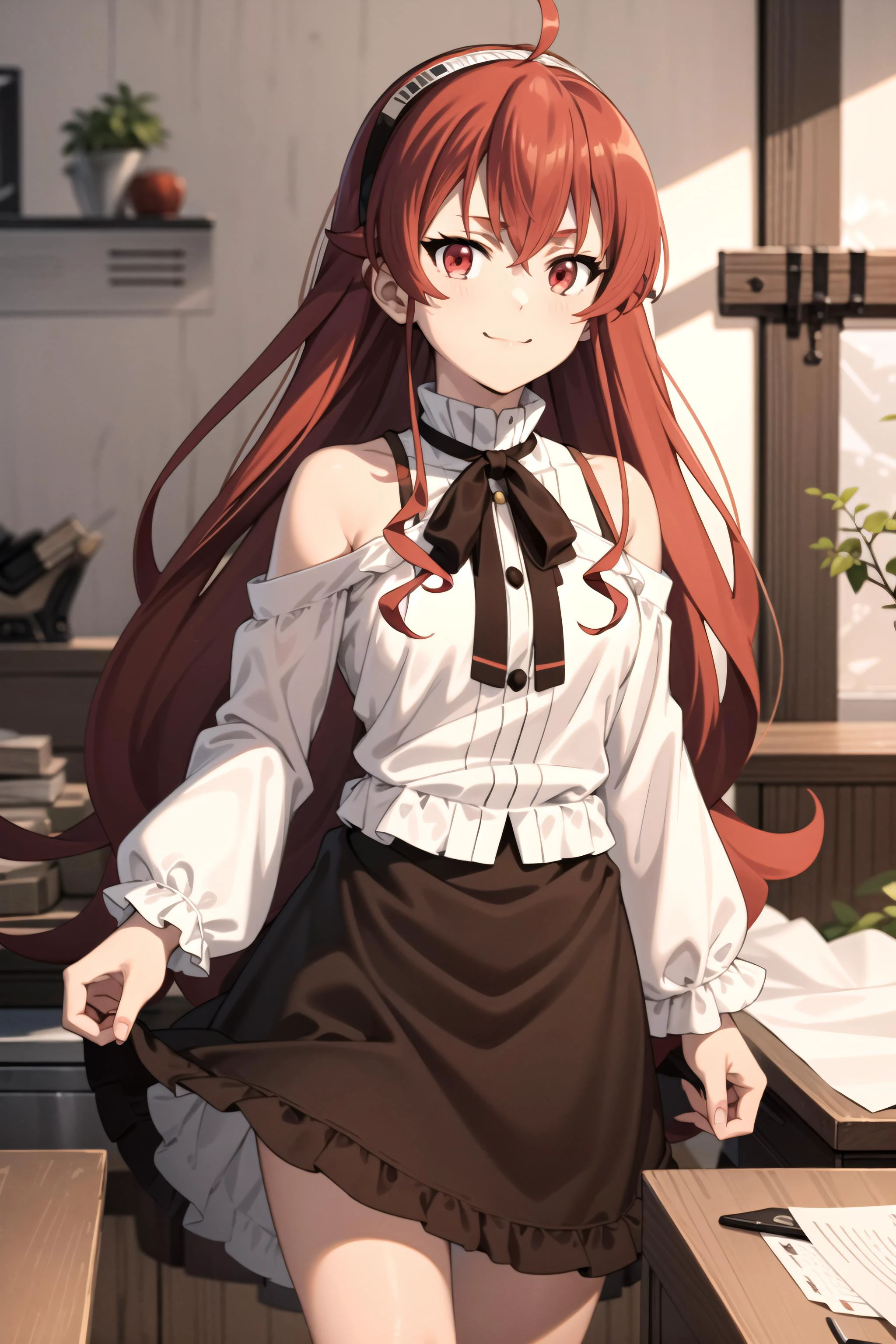 best quality, (masterpiece:1.2), detailed,
eris boreas greyrat,
closed mouth, light smile,
long hair, red hair, ahoge, red eyes, black hairband,
white dress, bare shoulders, neck ribbon, black ribbon, brown skirt, long sleeves,
standing, looking at the viewer,
indoors, window
