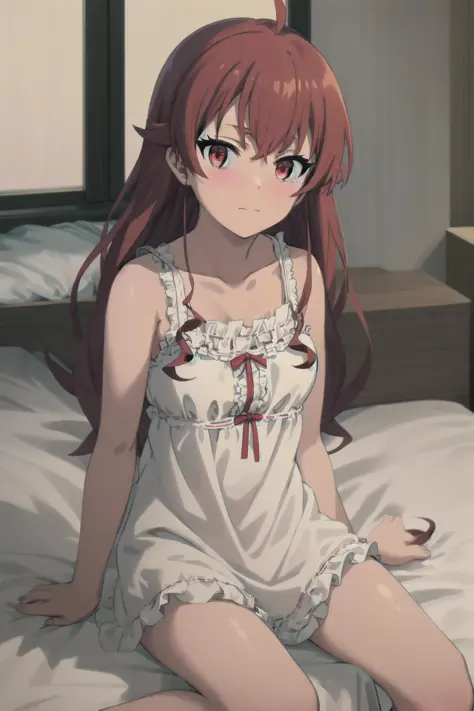 best quality, (masterpiece:1.2), detailed,
<lora:chara_MushokuTensei_ErisBoreasGreyrat_v1:0.8>,
1girl, solo, closed mouth, slight smile, slight blush,
long hair, red hair, ahoge, red eyes,
nightgown, frills, bare shoulders, collarbone, sleeveless
sitting, on bed, looking at the viewer,
indoors, window, night