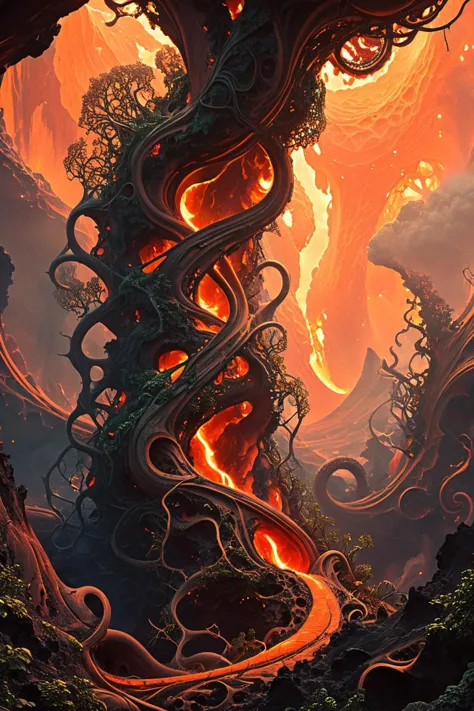 ultra-fine digital painting of a Lava-dwelling magma serpents emerging fiercely covered in fractal vines,  poised dramatically a...