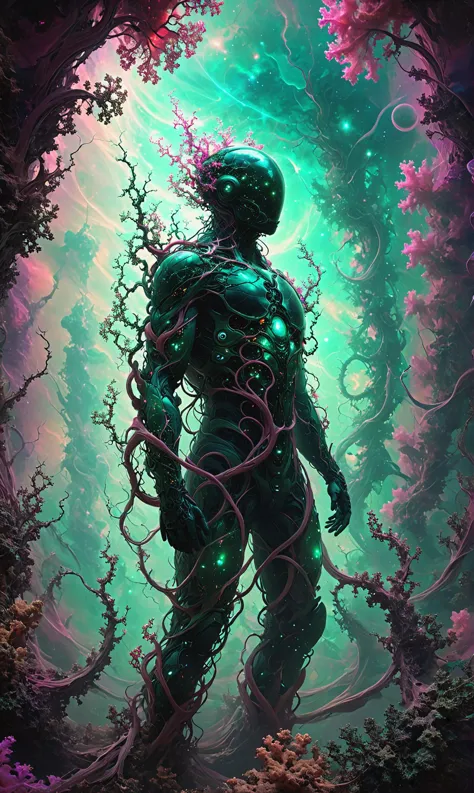 Quantum phasing beings slipping between realities entwined in overgrown fractal formations, poised dramatically as if in the midst of a futuristic setting, cosmic ambiance, enveloped in a nebula of colors, ultra-fine digital paintinginkpunk style,  sacred geometry fractalvines, made from fractal vines, covered in fractal vines