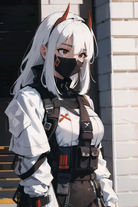 anime girl with white hair and black mask standing in front of a building