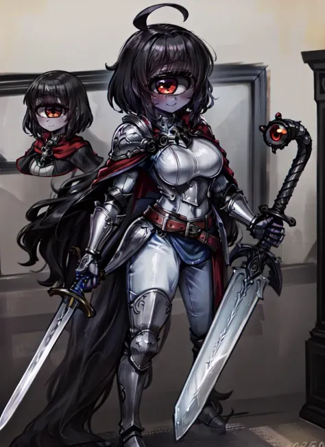 ((best quality)), ((highly detailed)), absurdres, (detailed eyes, deep eyes), <lora:more_details:.6>, (1girl), dynamic pose, upper body, <lora:Female_knight:.5>, HGS_1, armor, greaves, armored boots, pauldrons, breastplate, gauntlets, knight, belt, cape, f...