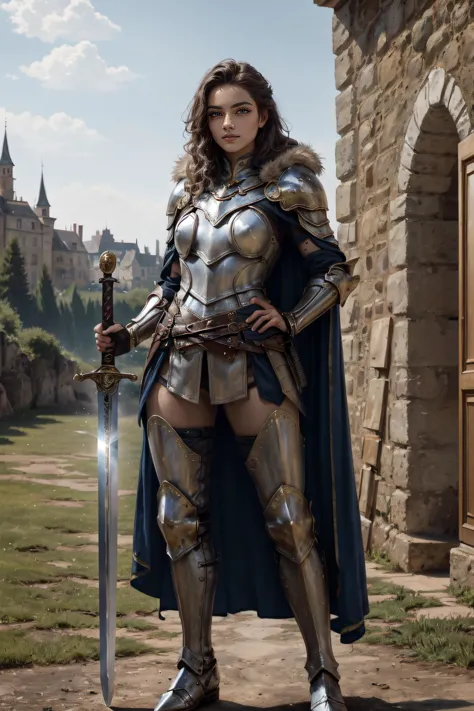 (masterpiece, best quality, ultra detailed, absurdres:1.5), 1girl, (sexy, beautiful woman, perfect face, perfect eyes, perfect female body, small breasts:1.5), ((holding sword:1.2), armor, greaves, armored boots, pauldrons, breastplate, gauntlets, knight, belt, cape, fur trim, <lora:HGS_1-15:0.5>), (standing, outdoors, castle in background), perfect lighting, smooth, hdr