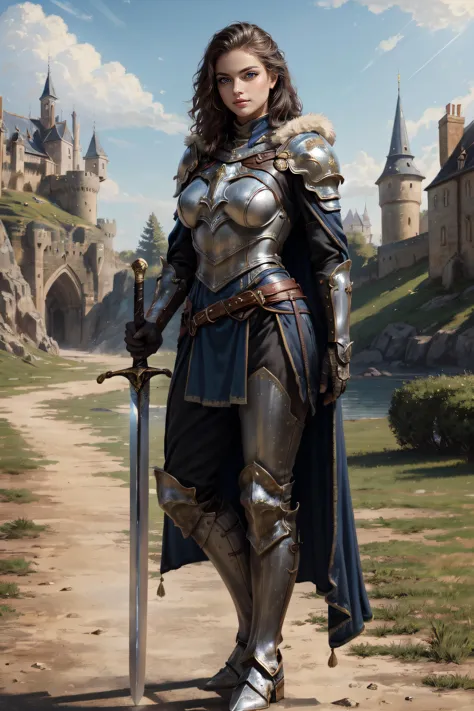 (masterpiece, best quality, ultra detailed, absurdres:1.5), 1girl, (sexy, beautiful woman, perfect face, perfect eyes, perfect female body, medium breasts:1.5), ((holding sword:1.2), armor, greaves, armored boots, pauldrons, breastplate, gauntlets, knight, belt, cape, fur trim, <lora:HGS_1-15:0.5>), (standing, outdoors, castle in background), perfect lighting, smooth, hdr