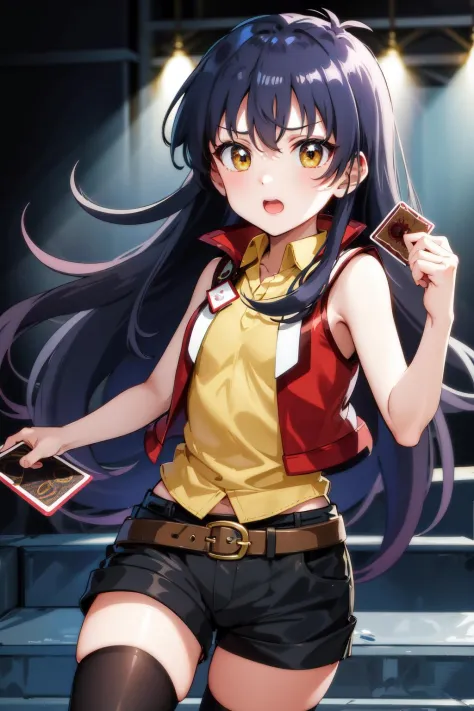 masterpiece, best quality, highres, hmrei, long hair, red jacket, collared shirt, yellow shirt, sleeveless, belt, black shorts, black thighhighs, <lora:saotome_rei_v1:0.7>, standing, cowbow shot, holding card,