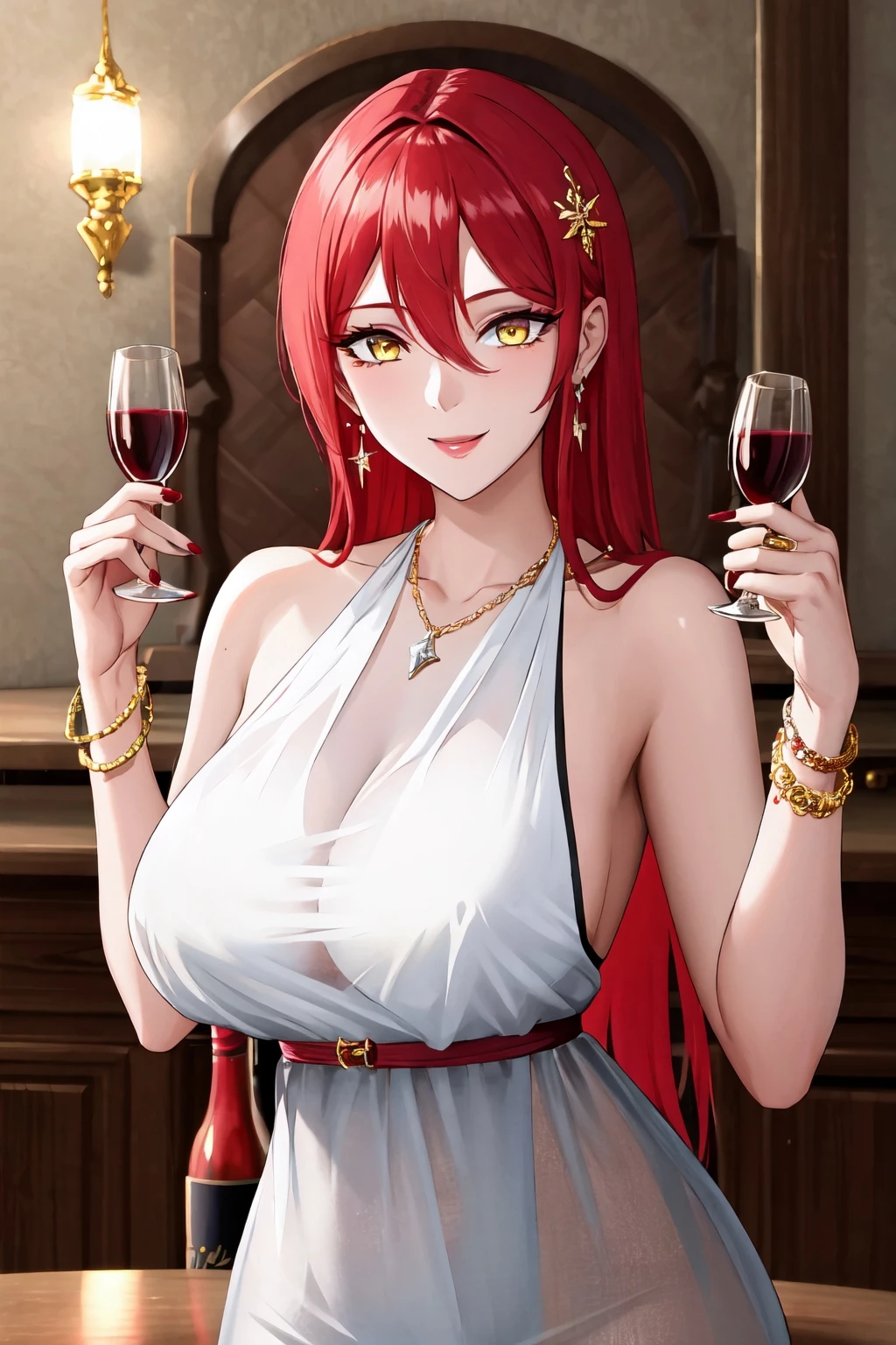 1girl, solo, long hair, looking at viewer, smile, large breasts, hair ornament, dress, holding, cleavage, hair between eyes, jewelry, yellow eyes, red hair, earrings, necklace, bracelet, cup, see-through, holding cup, red nails, alcohol, drinking glass, wine glass, wine,masterpiece, best quality,shiny,shiny skin, 