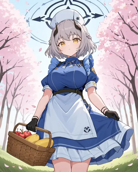 sena \(blue archive\),1girl, solo, breasts, large breasts, gloves, hat, dress, holding, closed mouth, braid, short sleeves, frills, horns, black gloves, puffy sleeves, blurry, apron, puffy short sleeves, petals, blue dress, halo, cherry blossoms, white apron, nurse cap, basket, black horns, falling petals, holding basket, picnic basket
<lora:Sena_image57_v1-000045:1>,halo,. gorgeous,key visual, vibrant, studio anime,award-winning, professional, highly detailed,high budget, cinemascope