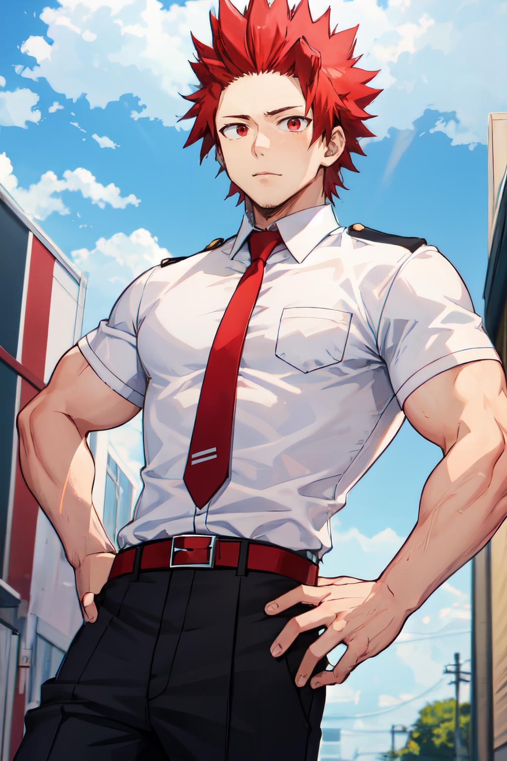 Anime guy with red hair and a tie standing in front of a building - SeaArt  AI