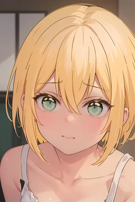 anime girl with blonde hair and green eyes looking at camera