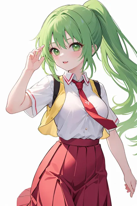 (masterpiece, best quality), 1girl,  <lora:Mion3:1> Mion Sonozaki, green hair, green eyes, ponytail,  white shirt, red necktie, yellow vest, red skirt,