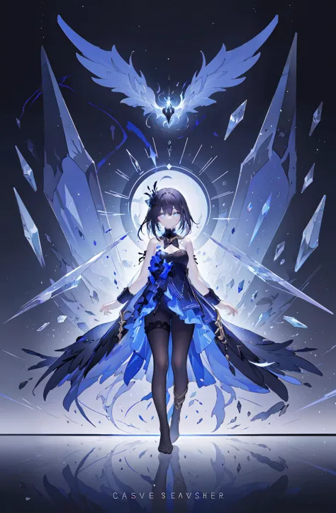 a woman in a blue dress with wings and a halo