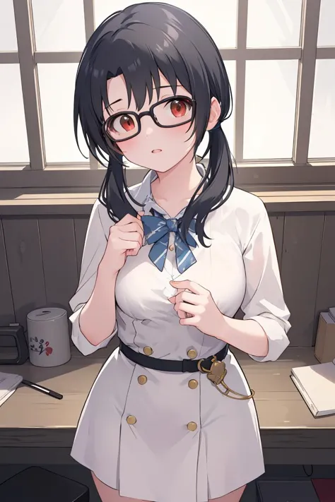 (masterpiece, best quality), 1girl,  <lora:brj-sayoko-v1.1:1> takayama sayoko, black hair, low twintails, brown eyes, glasses,