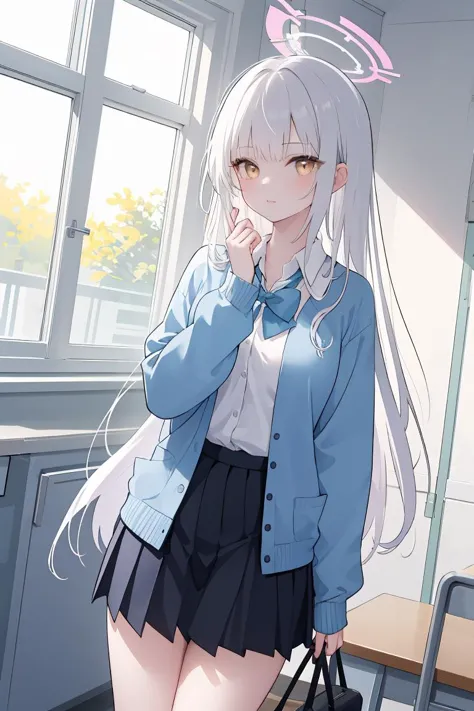 anime girl with white hair and blue jacket standing in a room