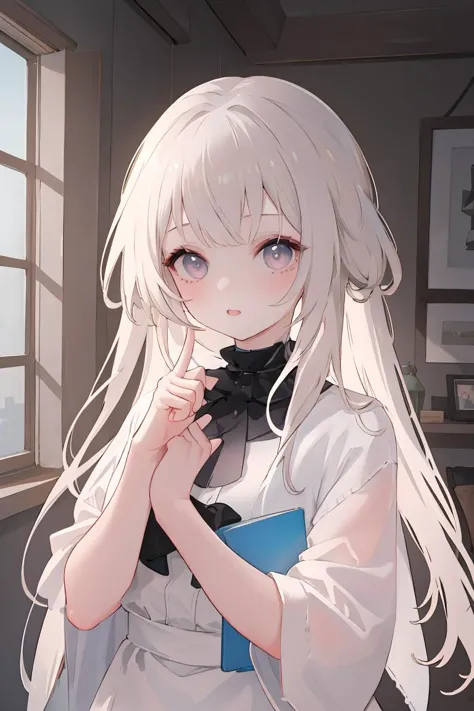 anime girl with long white hair and blue eyes holding a book