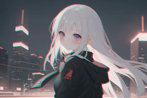 a close up of a person with long white hair standing in front of a city