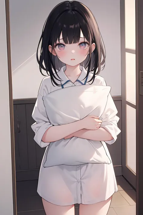 anime girl in white shirt and shorts standing in front of a door