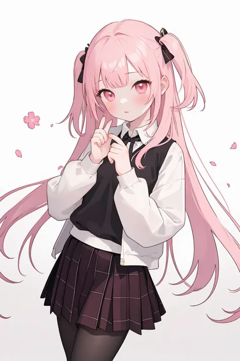 anime girl with pink hair and black school uniform holding a cell phone