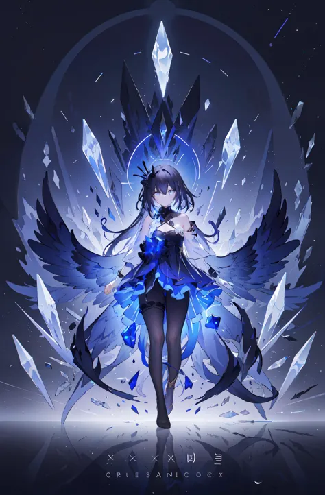 a girl with wings and a blue dress standing in front of a crystal crystal