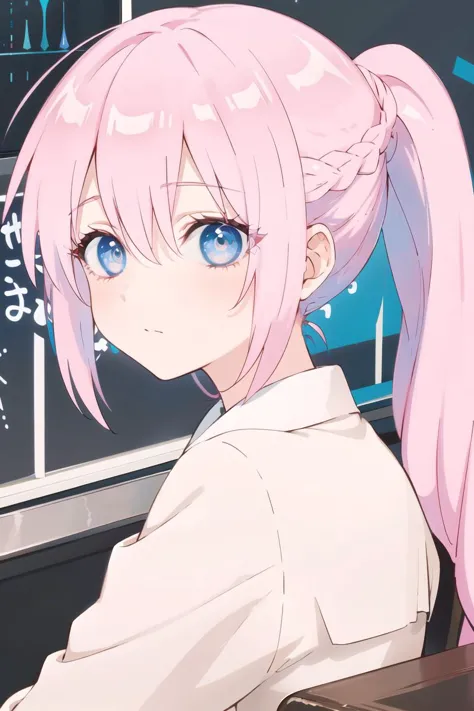 anime girl with pink hair and blue eyes sitting at a desk