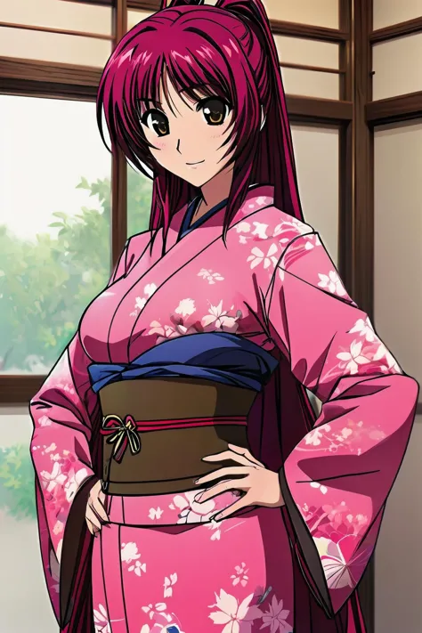 (detailed hands),(perfect anatomy), masterpiece,beautiful detailed eyes,official art, extremely detailed CG,
best quality, ultra-detailed,8K, 16K, cinematic lighting, (gleaming_skin:1.2),(anime screencap),character focus,1girl,  BREAK
standing,smile:0.5,blush,kimono,japanese clothes, obi,floral print, hand on hip,
cowboy shot,ryokan,faint lips:1,
<lora:flat2:-0.7>
<lora:Tamaki_v12:1.0>kousaka tamaki, red_hair,long_hair,brown_eyes,large breasts,