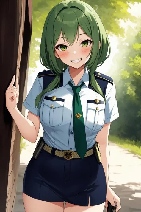 masterpiece, best quality, 1girl, green hair, outdoors, police outfit, cowboy shot, blush, grin