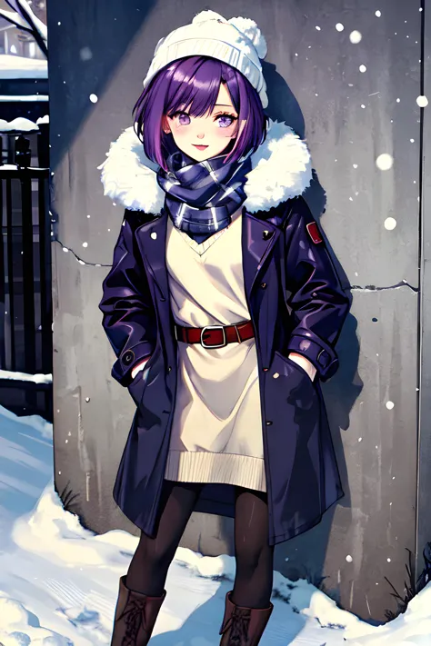 (masterpiece, best quality), 1girl, solo, purple hair, short hair, inverted bob, purple eyes, small breasts, narrow waist, long eyelashes, outdoors, street, winter, sweater dress, pantyhose, ankle boots, turtleneck, leather belt, open clothes, open coat, s...