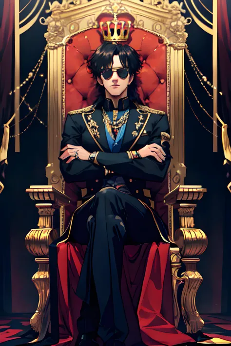 like a boss, sunglasses, suit, sitting on a king's chair, golden jewlery, handsome, crossed arms, throne room background, indoors
