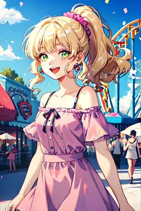 (masterpiece, best quality), 1girl, solo, blonde hair, long wavy hair, high ponytail, asymmetrical bangs, green eyes, small perky breasts, freckles, pale skin, long eyelashes, pink scrunchie, ear piercing, outdoors, amusement park pink short dress, off sho...