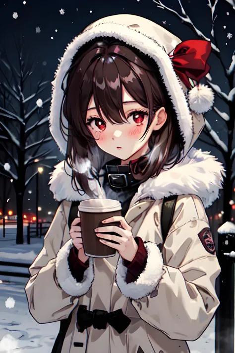 1girl,red eyes, disposable cup, looking at viewer, holding cup, outdoors, snow, long sleeves, bangs, coffee cup, tree, closed mouth, bare tree, hair between eyes, bag, winter, black ribbon, snowing, brown hair, coat,upper body, sidelocks, blush, fur collar...