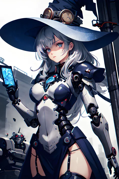 Cowboy Shot,(Masterpiece, best quality:1.2),professional work,extremely detailed,high quality,16K,highres,ultra details,finely detail,an extremely delicate and beautiful,extremely detailed,vibrant color,dominating,biochemical cybernetic 1young witch,steamp...