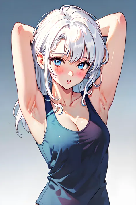 1girl, (((armpit_hair))), armpits, arms_behind_head, arms_up, bangs, white_hair, blush, breasts, cleavage, collarbone, gradient, gradient_background, light blue_eyes, long_hair, looking_at_viewer, medium_breasts, parted_lips, sleeveless, solo, tank_top, up...